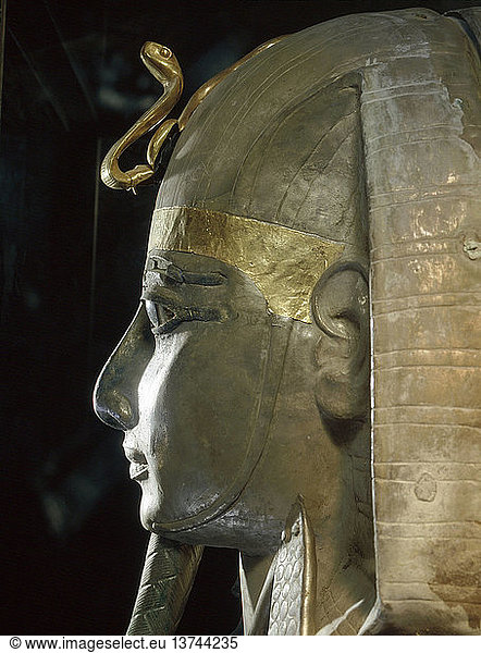 Head of silver coffin of Psusennes I from the royal necropolis at Tanis  Egypt. Pharaonic. Third Intermediate  21st Dynasty. Tanis 1039 991 BC.