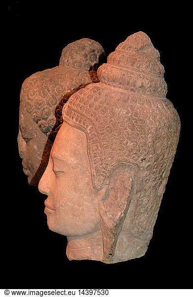 Head of the Buddha. 800-30  Shailendra dynasty  Central Java  Stone. The head originally formed part of a large-scale image of Buddha Shakyamuni. The Shailendra rulers were strong supporters of Mahayana Buddhism and erected many Buddhist monuments in central Java  including the complex of Borobudur.