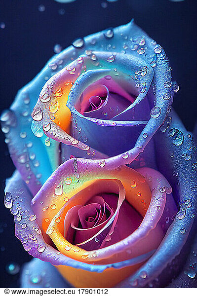 Heads of blue and pink roses covered in raindrops