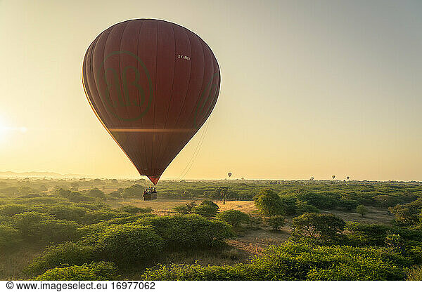 Heißluftballon im Tiefflug über der Vegetation  UNESCO  Bagan  Region Mandalay  Myanmar