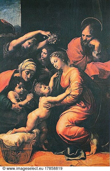 Heilige Familie  Die grosse Heilige Familie Franz I. von Raffaello Sanzio da Urbino  auch Raffael da Urbino  Raffaello Santi  Raffaello Sanzio  Raffael  italienischer Maler  Italien  digital restaurierte Reproduktion eines Kunstwerkes (public domain) aus dem Jahre ca 1500  Europa