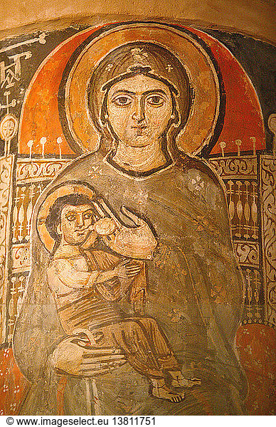 Heilige Jungfrau und Heiliger Johannes Kamate koptisches Klosterfresko  Maria stillt Jesus