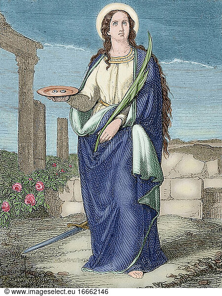 Heilige Lucia von Syrakus (283-304). Christliche Märtyrerin. Kupferstich von Tord. Christliches Jahr  1853. Koloriert.
