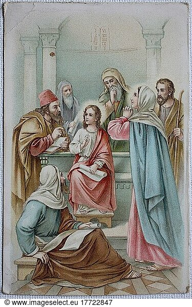 Heiligenbild  Darstellung von Jesus Christus als Jüngling  Biblische Szene  Historisch  digital restaurierte Reproduktion einer Vorlage aus dem 19. Jahrhundert  genaues Datum unbekannt