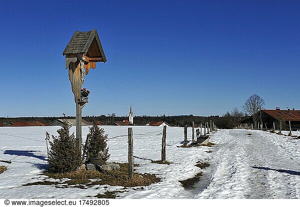Heiligenschrein aus Holz in Schneelandschaft mit Kruzifix und Blumentopf  Bayern  Deutschland  Europa