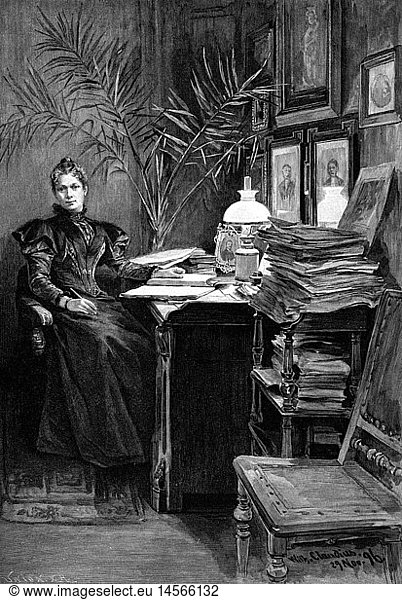 Heimburg  Wilhelmine  7.9.1848 - 9.9.1912  deut. Schriftstellerin  Ganzfigur  in ihrem Arbeitszimmer  Xylografie nach einer Zeichnung von Wilhelm Claudius  1896