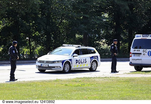 Helsinki  Finland -July 16  2018. Police officers and vehicles in Helsinki on the day of the US and Russian Presidents' historic Helsinki2018 meeting. Credit: Taina Sohlman