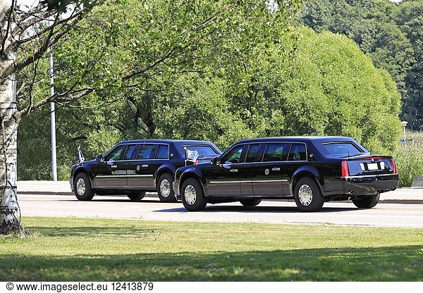 Helsinki  Finland. July 16  2018.Two identical limousines nicknamed The Beast of US President Donald Trump's motorcade. POTUS shows partly in the 2nd. Credit: Taina Sohlman