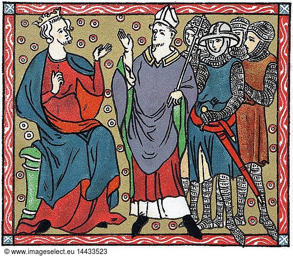 Henry II (1133-1189) King of England from 1154: Henry disputing with Thomas a Becket (1118-1170) Archbishop of Canterbury. Mailed figures are four knights who murdered Becket. Chromolithograph after medieval manuscript.