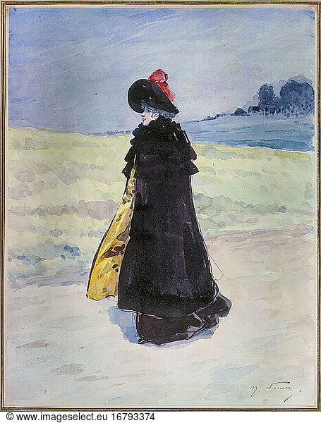 Henry Somm (Rouen  1844–Paris  1907). Elegant lady with a black cloak in a landscape  circa 1890 – 1900. Drawing.
D. 14834 
Paris  Musée Carnavalet.