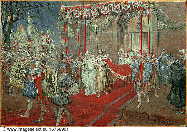 Henry the Lion  Duke of Saxony and Bavaria  c. 1129/30 – 1195. “The wedding of Henry the Lion and Mathildes in Minden (February 1  1168; Henry marries the daughter of King Henry II of England). Painting  1943  by Fritz Grotemeyer (1864–1947).
Oil on canvas  133 × 193 cm.
Minden  History Museum.