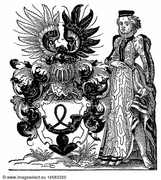 heraldry  coat of arms  Austria  Sultzberger from Tyrol  copper engraving  16th century  escutcheon  shield  shields  crest  crests  hunting horn  bugles  helmet  helmets  people  fashion  clothes  nobility  noble woman  noble women  nobles  County of Tyrol  Holy Roman Empire  historic  historical  female