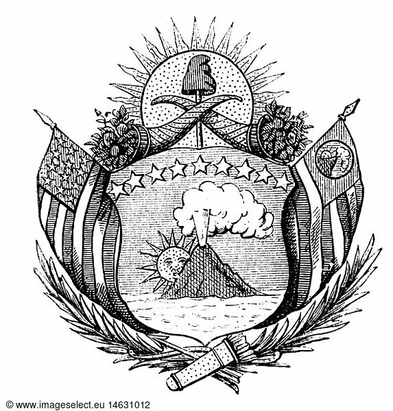 heraldry  coat of arms  El Salavador  national coat of arms  wood engraving  1893