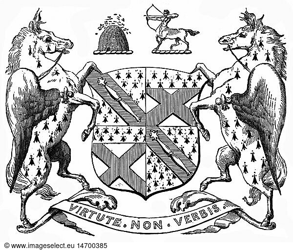heraldry  coat of arms  Great Britain  coat of arms of the Marquess of Lansdowne  wood engraving  19th century  family Petty-Fitzmaurice  Petty Fitzmaurice  escutcheon  supporter  supporters  ermine  crosses  St. Andrew's cross  diagonal cross  motto  mottoes  saying  banderole  fabulous animal  fabulous animals  Pegasus  centaur  Centaurus  beehive  beehives  hives  hive  nobility  aristocracy  peer of Great Britain  historic  historical