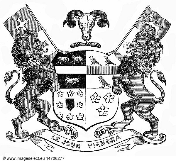 heraldry  coat of arms  Great Britain  great coat of arms of the Earls of Durham  wood engraving  2nd half 19th century  shield  shields  escutcheon  supporter  supporters  animals  animal  ram  rams  ram's head  lion  lions  flags  flag  motto  mottoes  saying  banderole  nobility  aristocracy  family Lambton  Peer of the United Kingdom  Victorian era  earl  earls  historic  historical