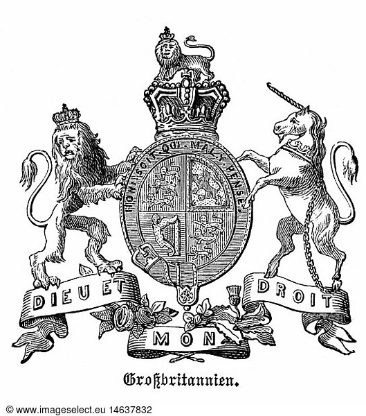 heraldry  coat of arms  Great Britain  state coat of arms of the Kingdom of Great Britain  wood engraving  1872