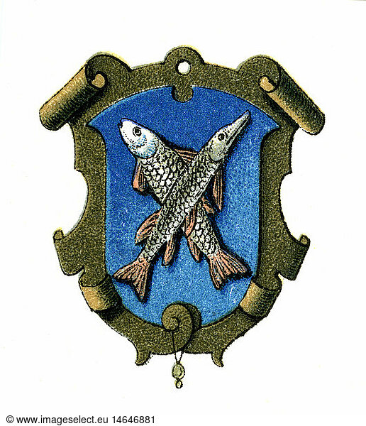 heraldry  coat of arms  guild coat of arms  Germany  fishermen  Chromolithograph  19th century  fishers  fischer  fisherman  fish  fishes  food  guilds  guild symbol  handicraft  handcraft  craft  profession  professions  historic  historical  clipping  cut out  cut-out  cut-outs