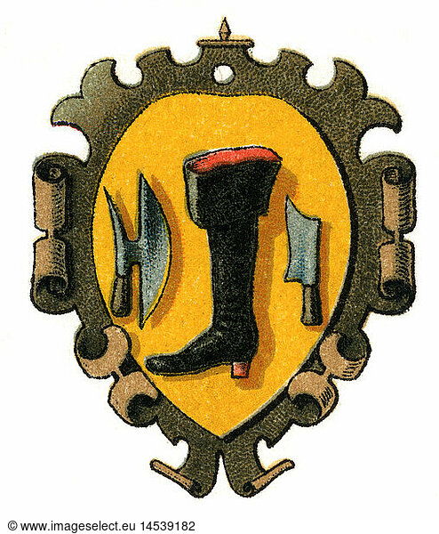 heraldry  coat of arms  guild coat of arms  Germany  shoemakers  Chromolithograph  19th century  shoemaker  cobbler  cobblers  shoes  boots  fashion  clothing  guilds  guild symbol  handicraft  handcraft  craft  profession  professions  historic  historical  clipping  cut out  cut-out  cut-outs