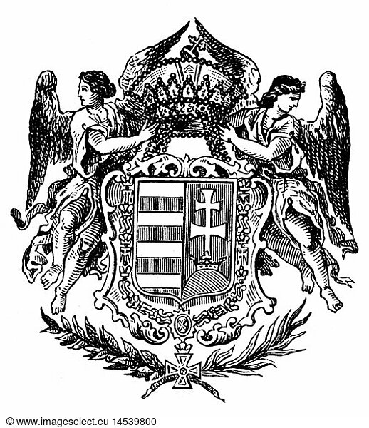 heraldry  coat of arms  Hungary  small state coat of arms the Kingdom of Hungary  wood engraving  late 19th century  angel  angels  supporter  supporters  crown  crowns  Austria-Hungary  Austria - Hungary  Dual-Monarchy  Transleithania  Central Europe  historic  historical  clipping  cut out  cut-out  cut-outs
