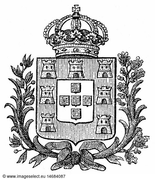 heraldry  coat of arms  Portugal  small state coat of arms of the Kingdom of Portugal  wood engraving  1893