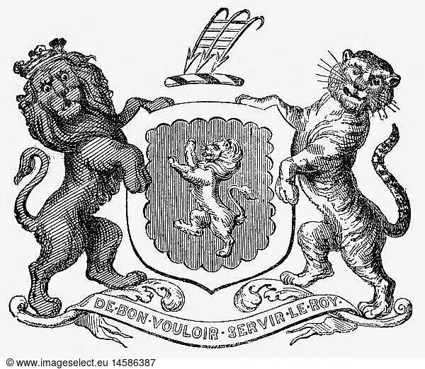heraldy  coat of arms  Great Britain  coat of arms of Charles 2nd Earl Grey  wood engraving  19th century  nobility  peer  Lord  lion  tiger  historic  historical