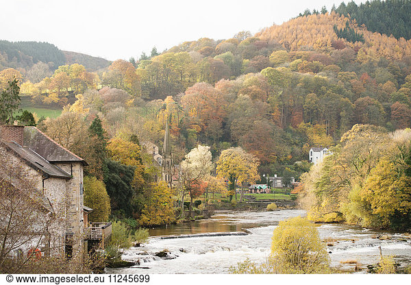Herbstansicht von River Dee Llangollen Nordwales