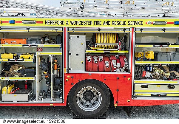 Hereford and Worcester fire brigade  Fire engine storeage compartments filled with appropriate apparatus for emergencies  Herefordshire UK. July 2019.