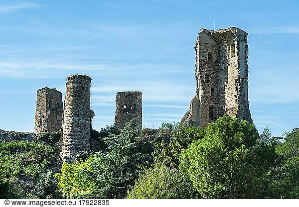 Herisson labeled Small City of Character. View of the towers of the fortress of Ducs de Bourbon. Allier department. Auvergne Rhone Alpes. France