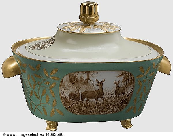 Vintage Porcelain Humidor made in Bavaria West Germany Hand Painted in Bright Colors Complete Surround Scene of Horsebac