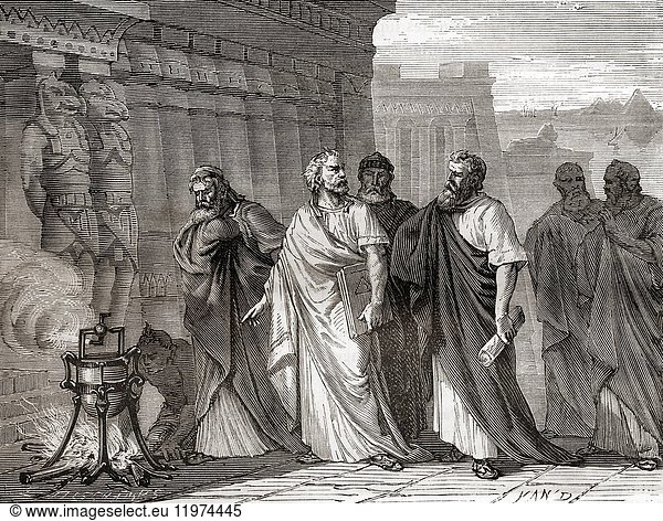 Hero demonstrating his aeolipile in front of the scholars of the school of Alexandria. An aeolipile aka aeolipyle  eolipile  or Heron's engine  is a simple bladeless radial steam turbine which spins when the central water container is heated. Hero of Alexandria  aka Heron of Alexandria  c. 10 AD â. “ c. 70 AD. Greek mathematician and engineer. From Les Merveilles de la Science  published 1870.