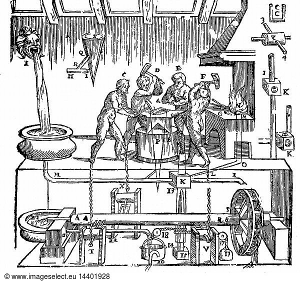 Hero of Alexandria"s (lst century AD) mechanical blacksmiths. Woodcut from "Gli Artificiose e curiosi moti spiritale de Herone"  Bologna  1647. The mechanism is powered by water.