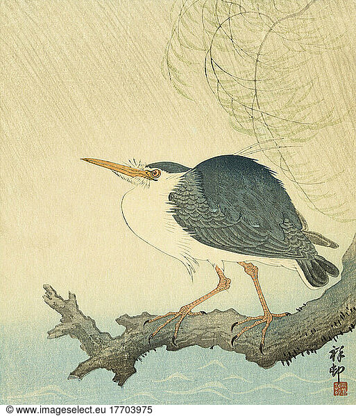 Heron in a Storm  by Japanese artist Ohara Koson  1877 - 1945. Ohara Koson was part of the shin-hanga  or new prints movement.