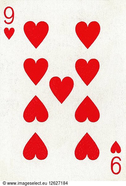Herz 9 aus einem Kartenspiel von Goodall & Son Ltd.  um 1940. Künstler: Unbekannt.