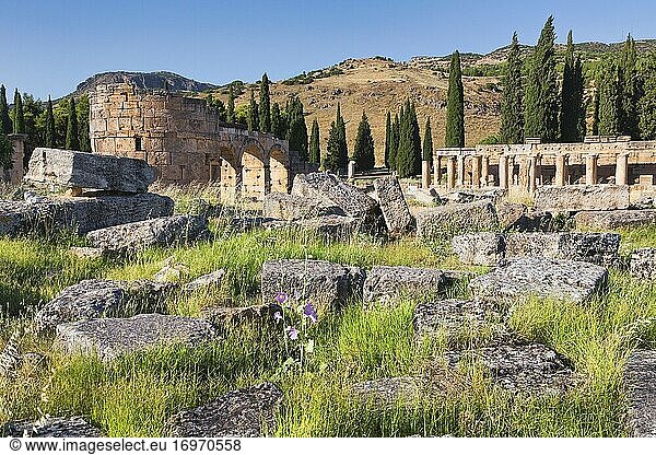 Hierapolis  Provinz Denizli  Türkei. Ruinen der antiken Stadt. Das nördliche römische Tor  auch bekannt als Domitianstor  Domitianbogen oder Frontinustor. Die niedrige Säulenstruktur auf der rechten Seite ist das Latrinengebäude. Hierapolis gehört zum UNESCO-Weltkulturerbe.