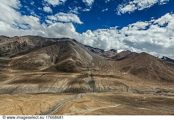 High altitude mountain road in Himalayas near Kardung La pass in Ladakh  India  Asia