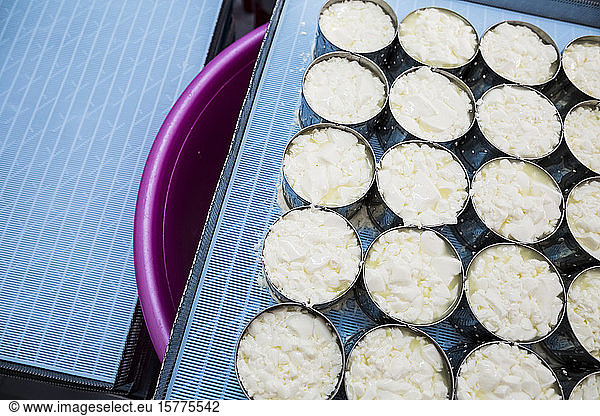 High angle close up of cheese-making  portioning of Camembert cheese into molds.