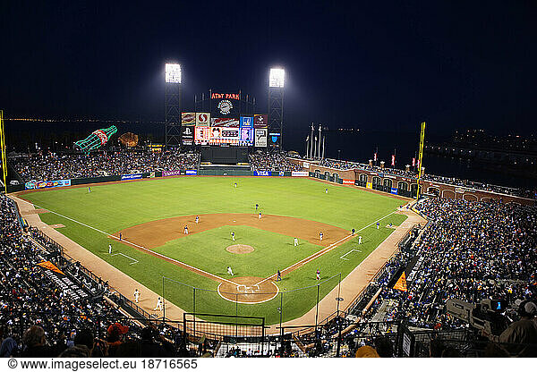 High angle view from behind home plate at night  AT&T Baseball Park  San Francisco  California.