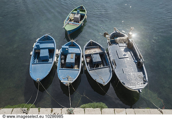 High angle view of boats moored at harbour  Gallipoli  Puglia  Italy