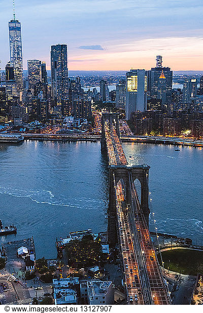 High angle view of Brooklyn Bridge over East River in New York city