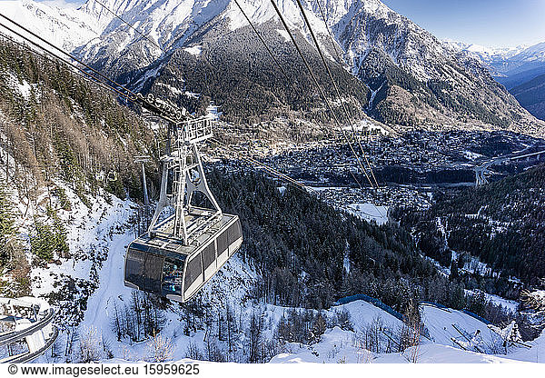 High angle view of cable car above Chamonix  France.