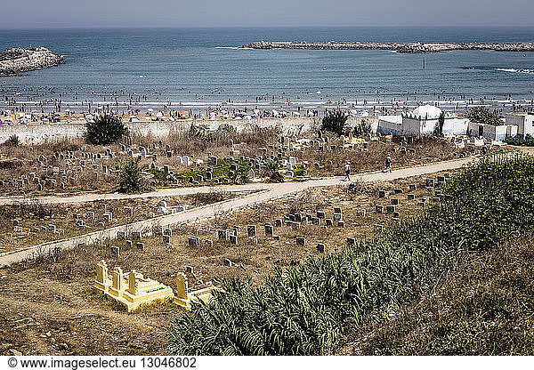 High angle view of cemetery by sea