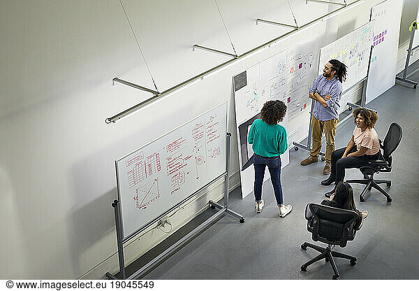 High angle view of colleagues brainstorming in meeting at office