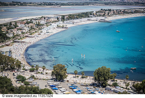 High angle view of crowded tourist beach and hotels  Cagliari  Italy