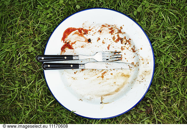 High angle view of dirty plate with knife and fork on a lawn.