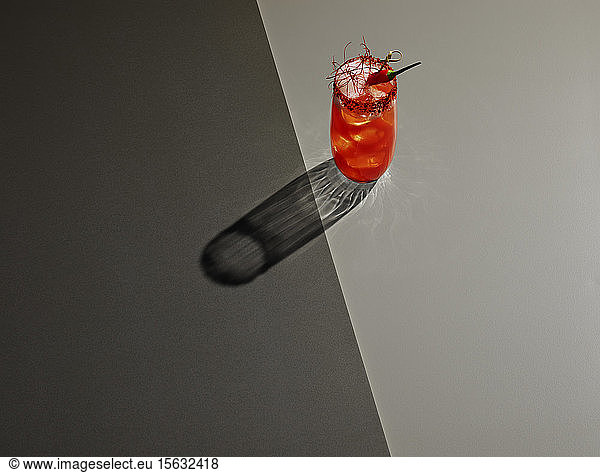 High angle view of drink on colored background