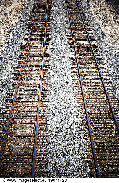 High angle view of empty parallel railroad tracks  California.