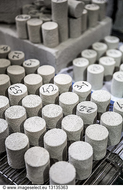 High angle view of foam corks on table in factory
