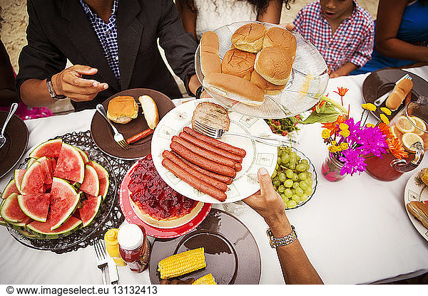 High angle view of food on breakfast table