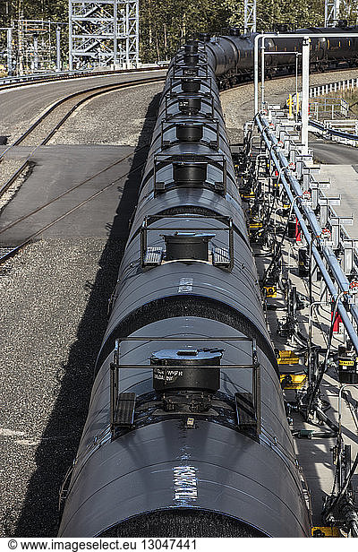 High angle view of freight train on railroad tracks