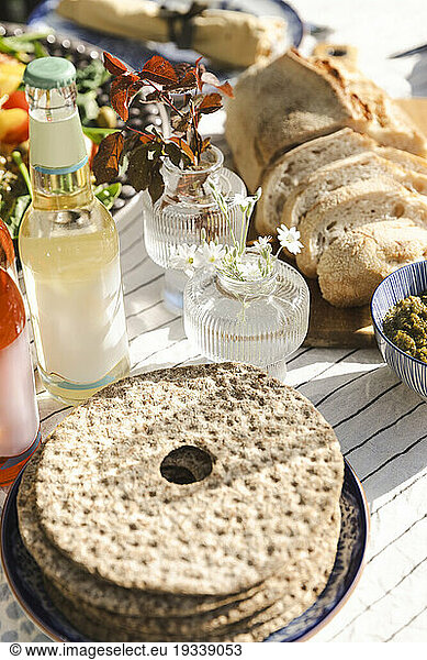 High angle view of fresh crispbread on dining table